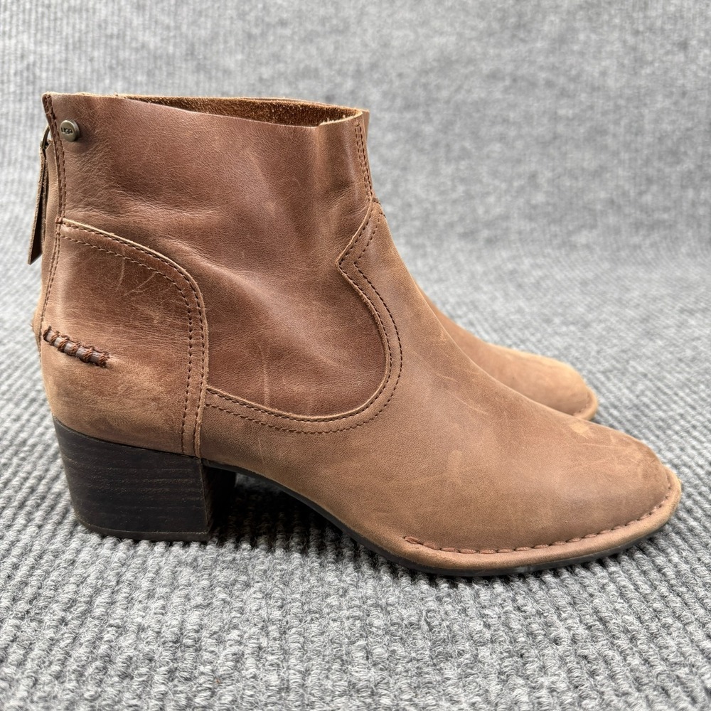 UGG Bandera Suede Ankle Boot Back Zip Block Heel Brown Womens US 7.5 1098310